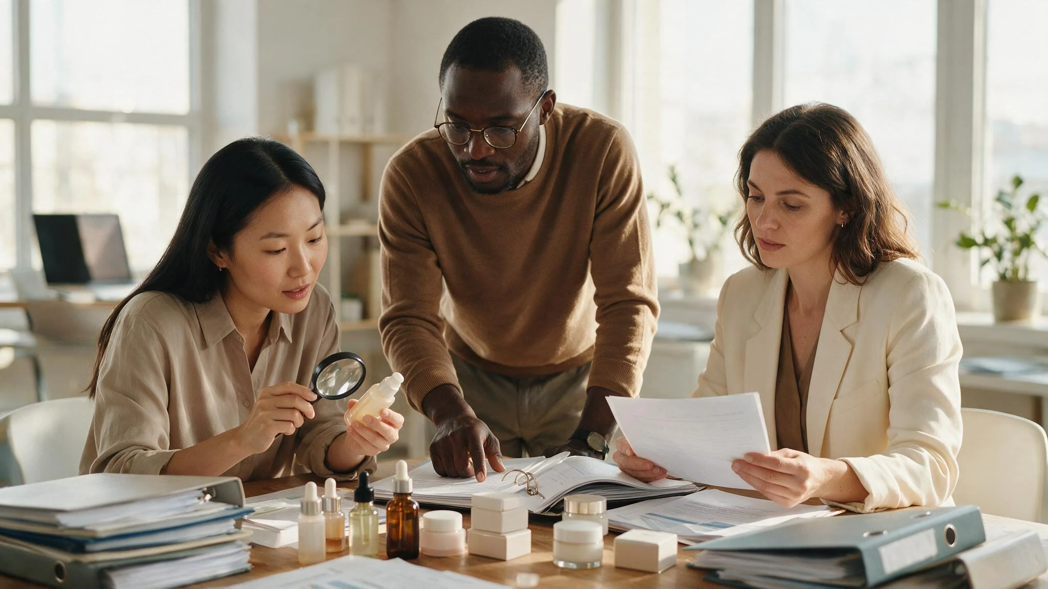 Regulatory specialists reviewing cosmetic products, labels, and compliance documents