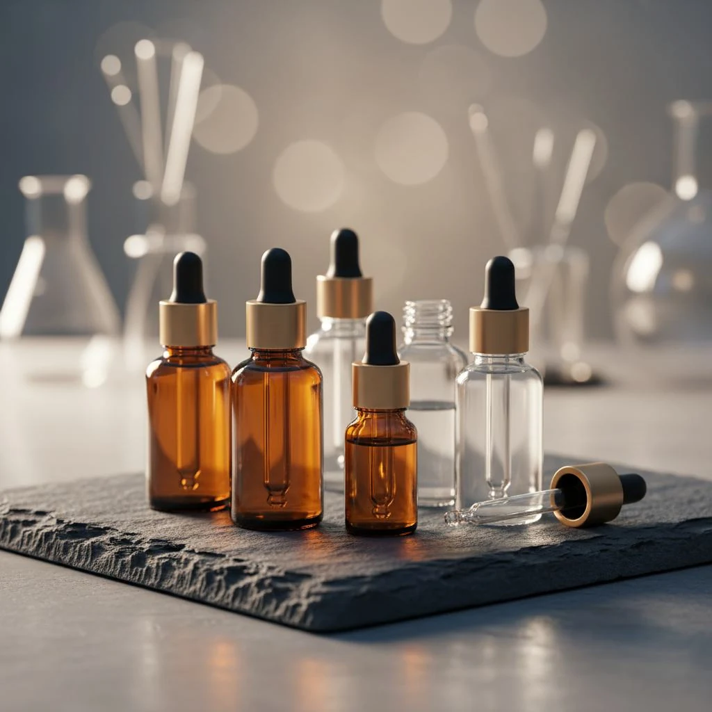 Cosmetic serum bottles prepared for compliance testing
