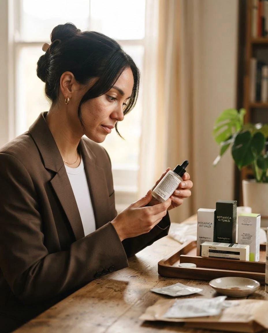 Specialist reviewing a cosmetic product label