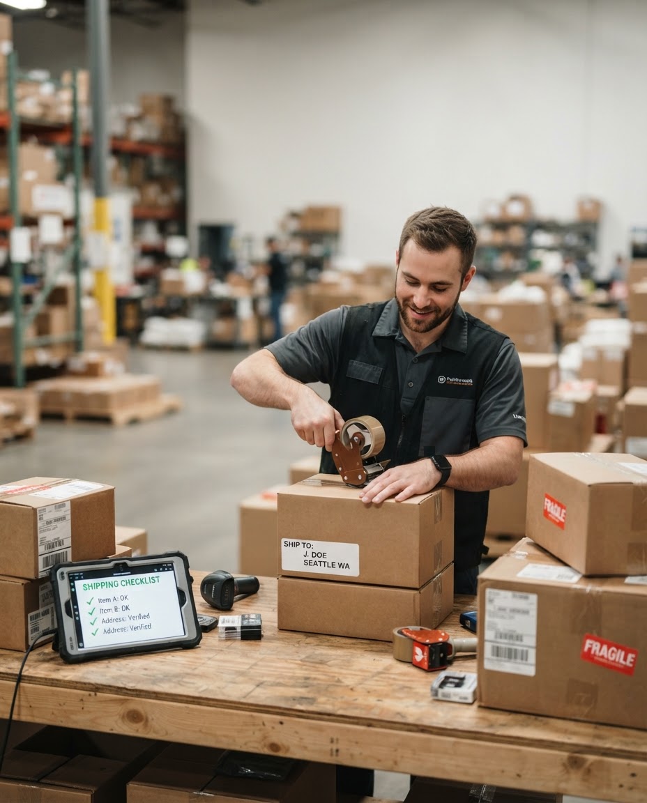 Warehouse specialist preparing a compliant product shipment